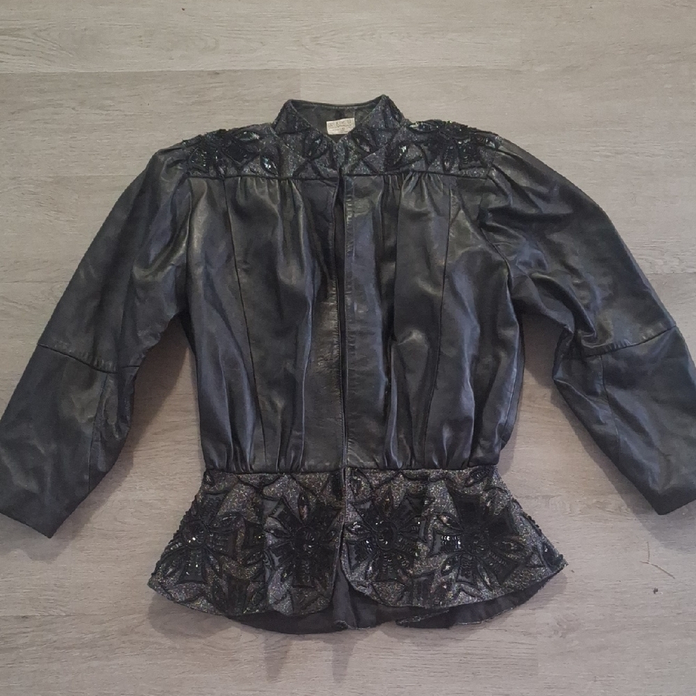 Vintage Leather Elegant Beaded Peplum Waist Black Women's Jacket